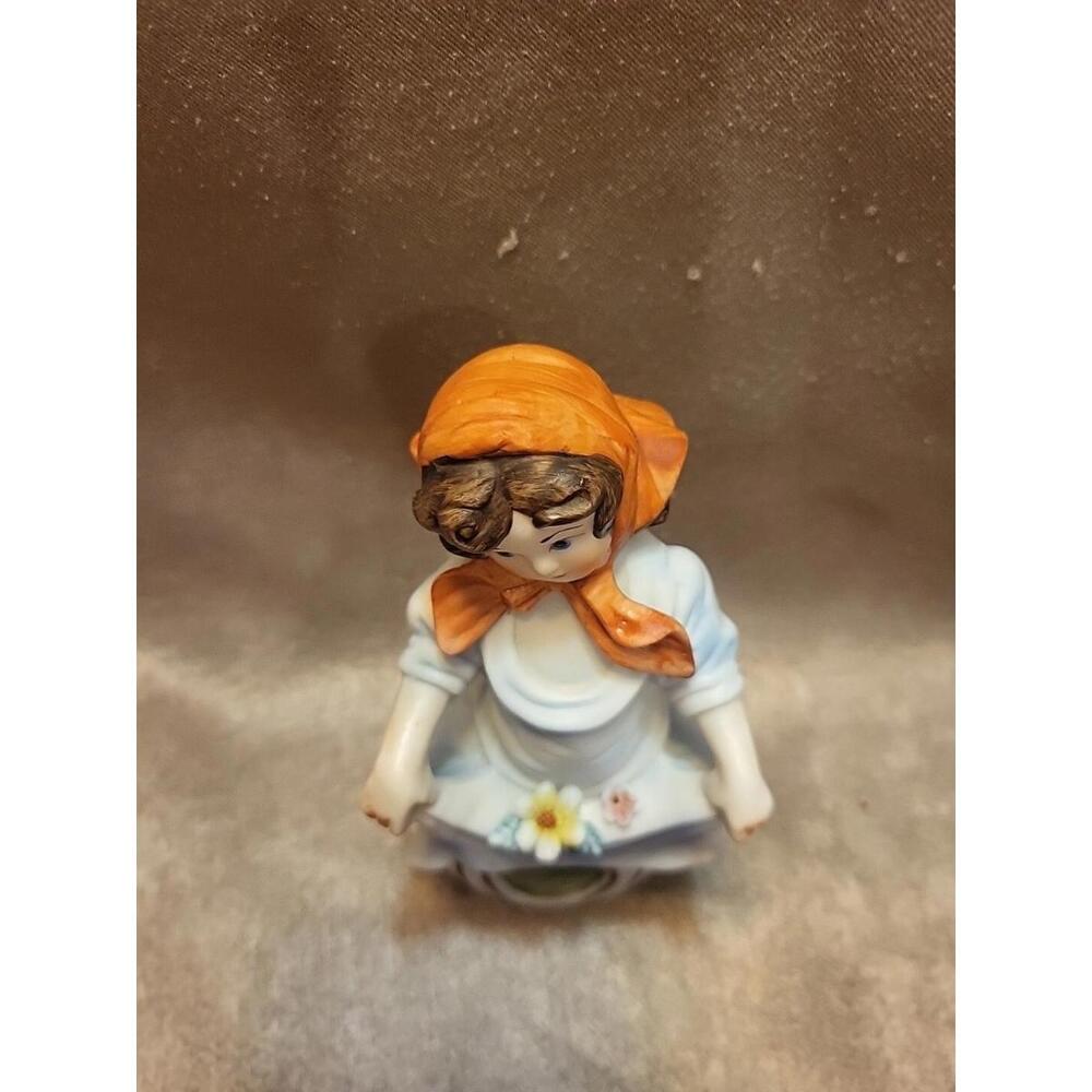 Vintage Ceramic Figurine - Girl With Red Scarf Holding Flowers in Her Dress - Picture 3 of 10